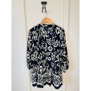Zara Womens XS Black White Printed Mini Dress Long Sleeve Ruffle Hem Boho